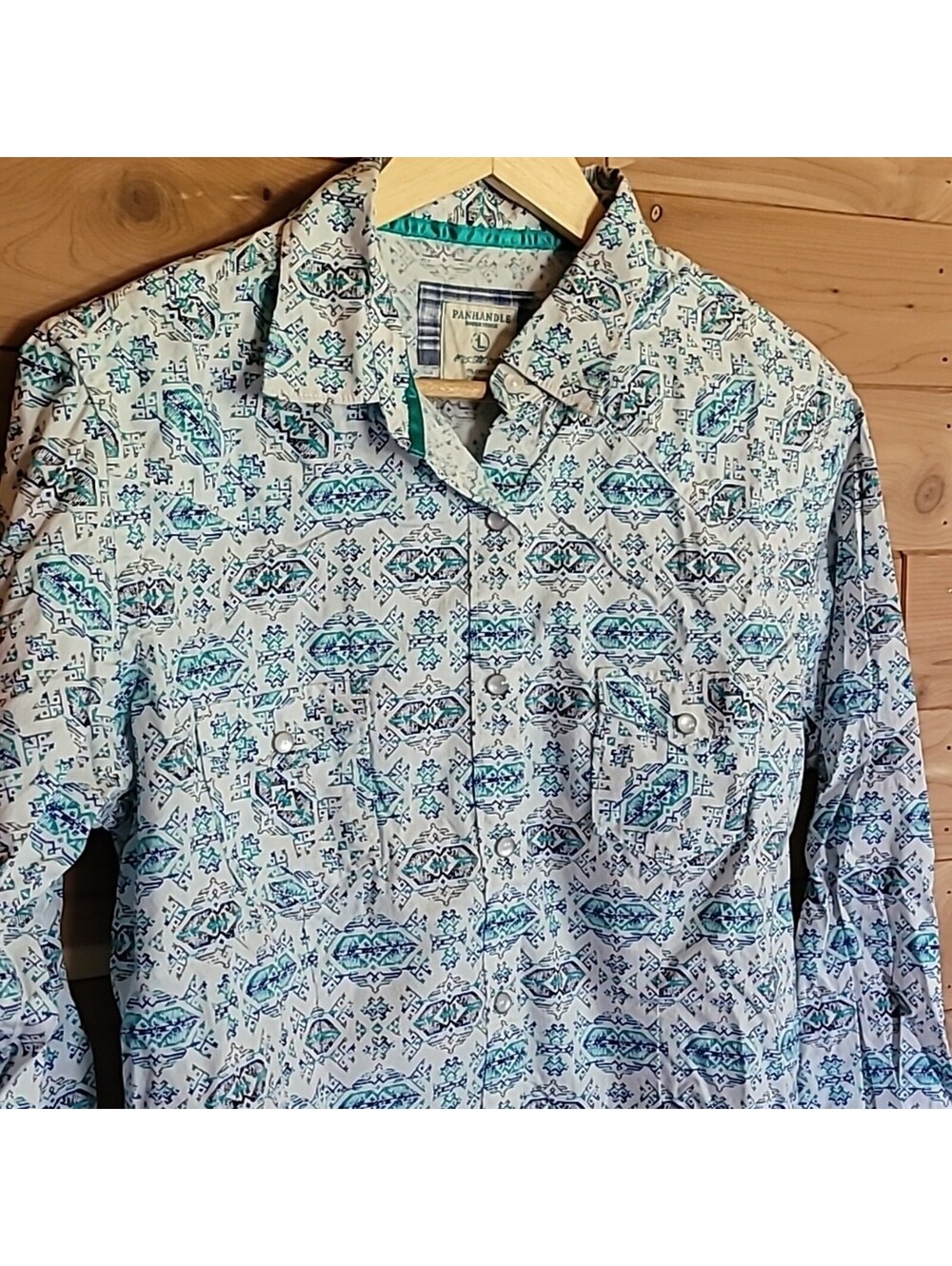 Panhandle Rough Stock Pearl Snap Top, Size L, White, Teal, Navy, & Grey, Western - Picture 3 of 8